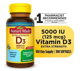 Nature Made Extra Strength Vitamin D3 5000 IU (125 mcg) Softgels, Dietary Supplement for Bone and Immune Health Support, 100 Count