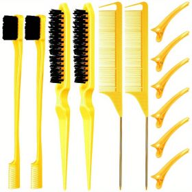 12 pieces Salon-Grade Nylon Teasing Brush Set with Double-Sided Design and Duckbill Clips for Smooth and Controlled Hair Styling (Color: Yellow)